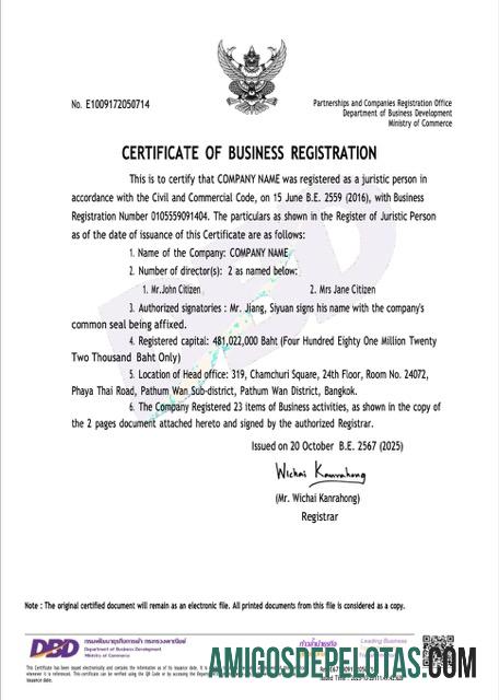 Certificado realista de registro comercial da Tailândia modelo Word e PDF